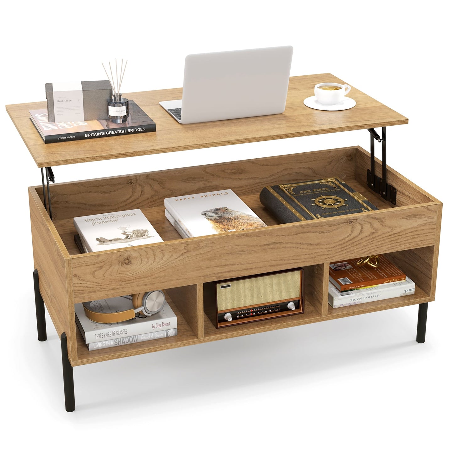 Lift Top Coffee Table with Large Hidden Compartment and 3 Open Cubbies-Natural