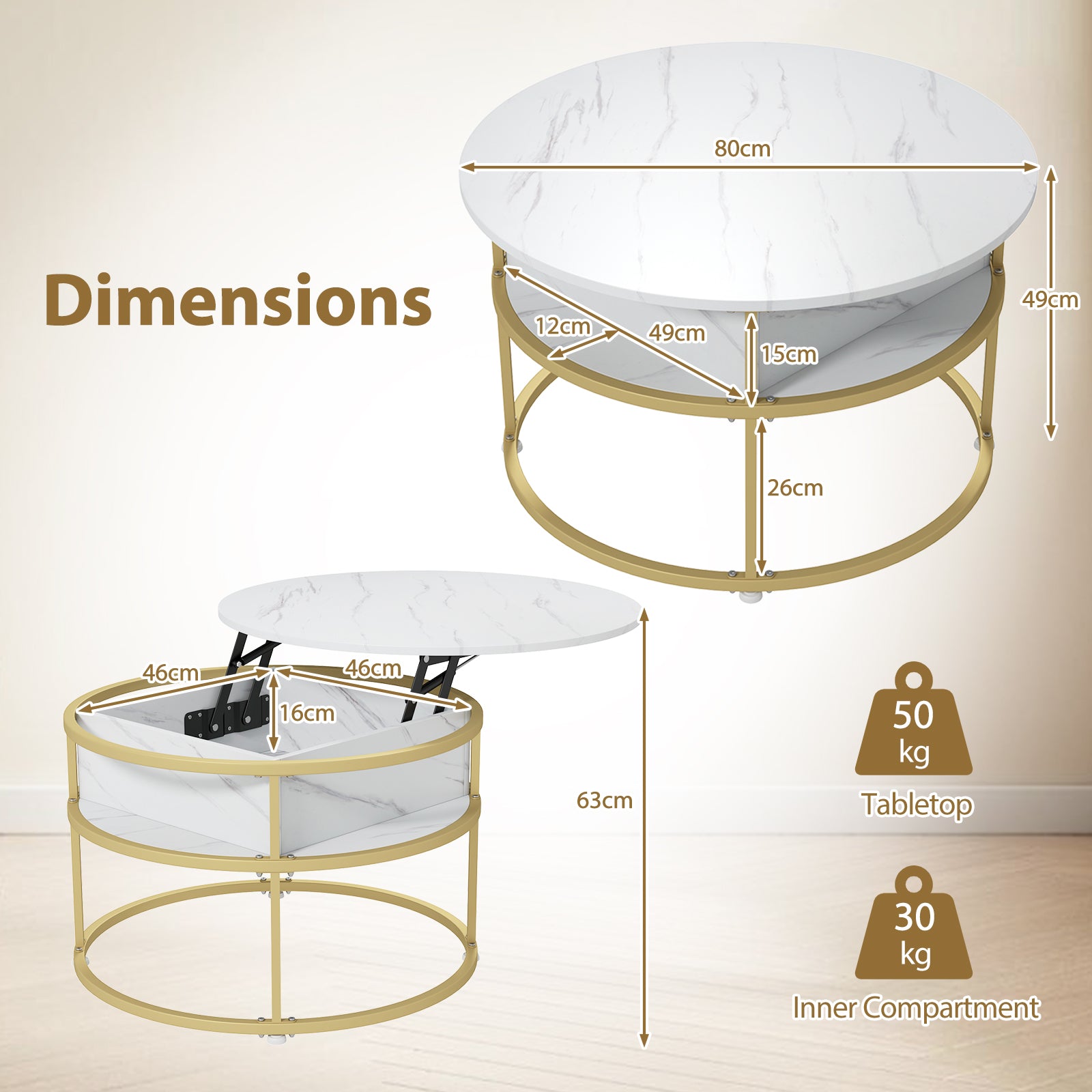 80cm Lift Top Coffee Table with Hidden Compartment and Side Shelves-White
