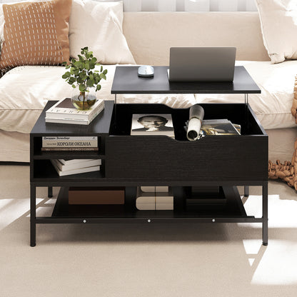 Lift Top Coffee Table with Hidden Compartment and Storage Shelf-Black