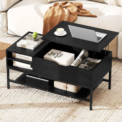 Lift Top Coffee Table with Hidden Compartment and Storage Shelf-Black