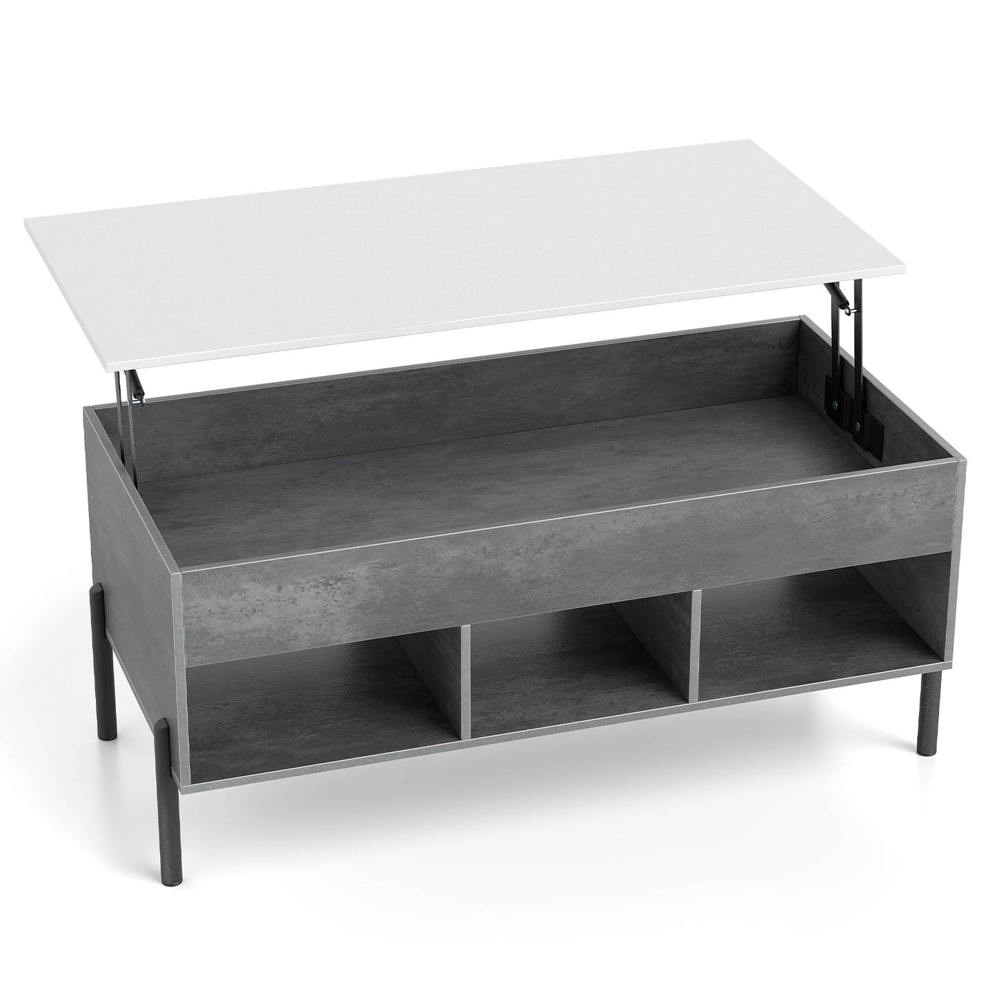 Lift Top Coffee Table with Large Hidden Compartment and 3 Open Cubbies-Grey