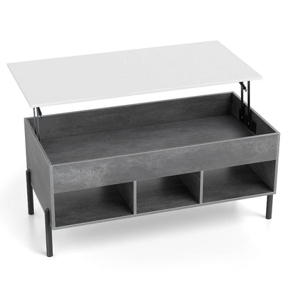 Lift Top Coffee Table with Large Hidden Compartment and 3 Open Cubbies-Grey