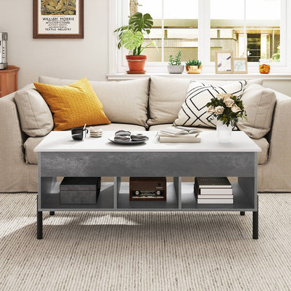 Lift Top Coffee Table with Large Hidden Compartment and 3 Open Cubbies-Grey