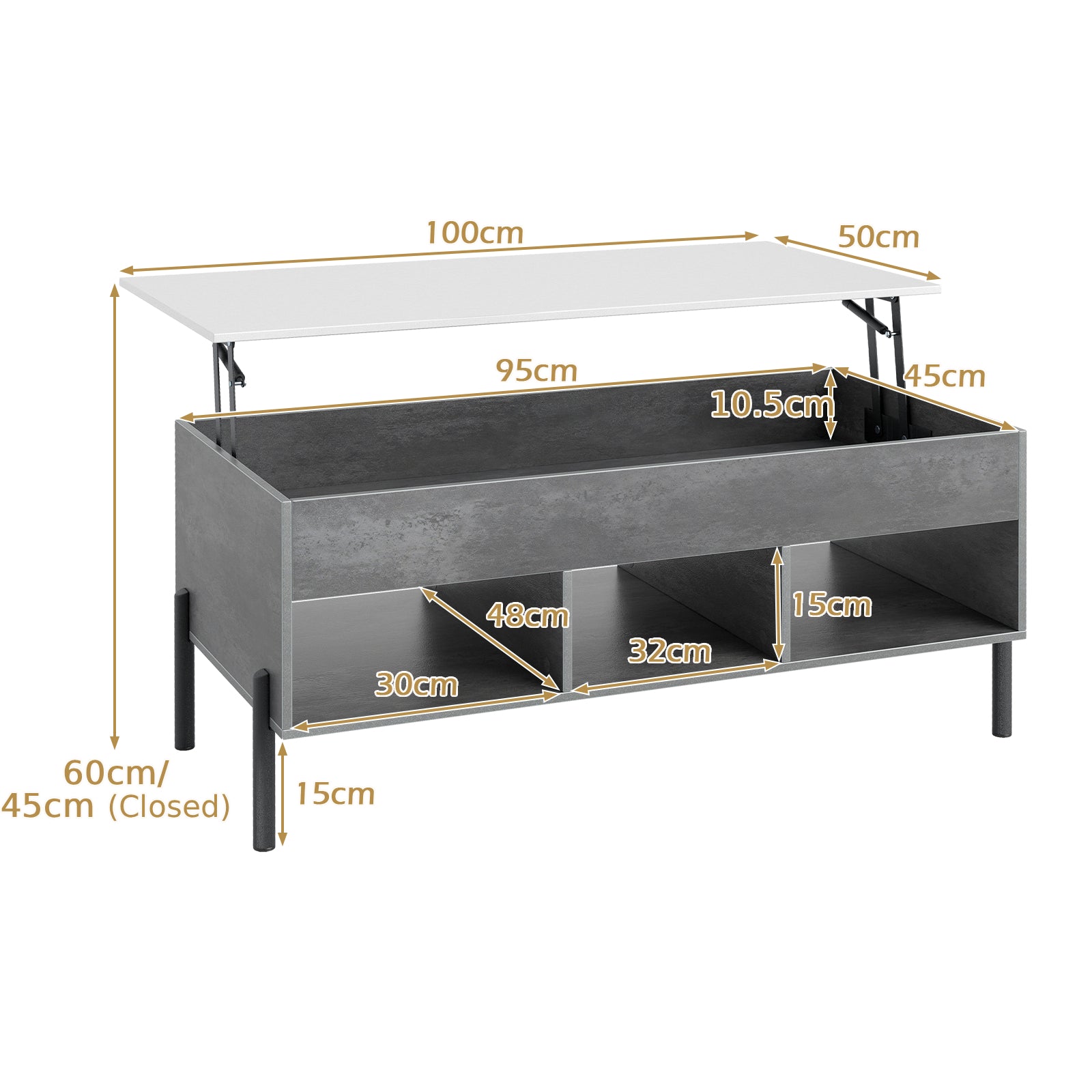 Lift Top Coffee Table with Large Hidden Compartment and 3 Open Cubbies-Grey