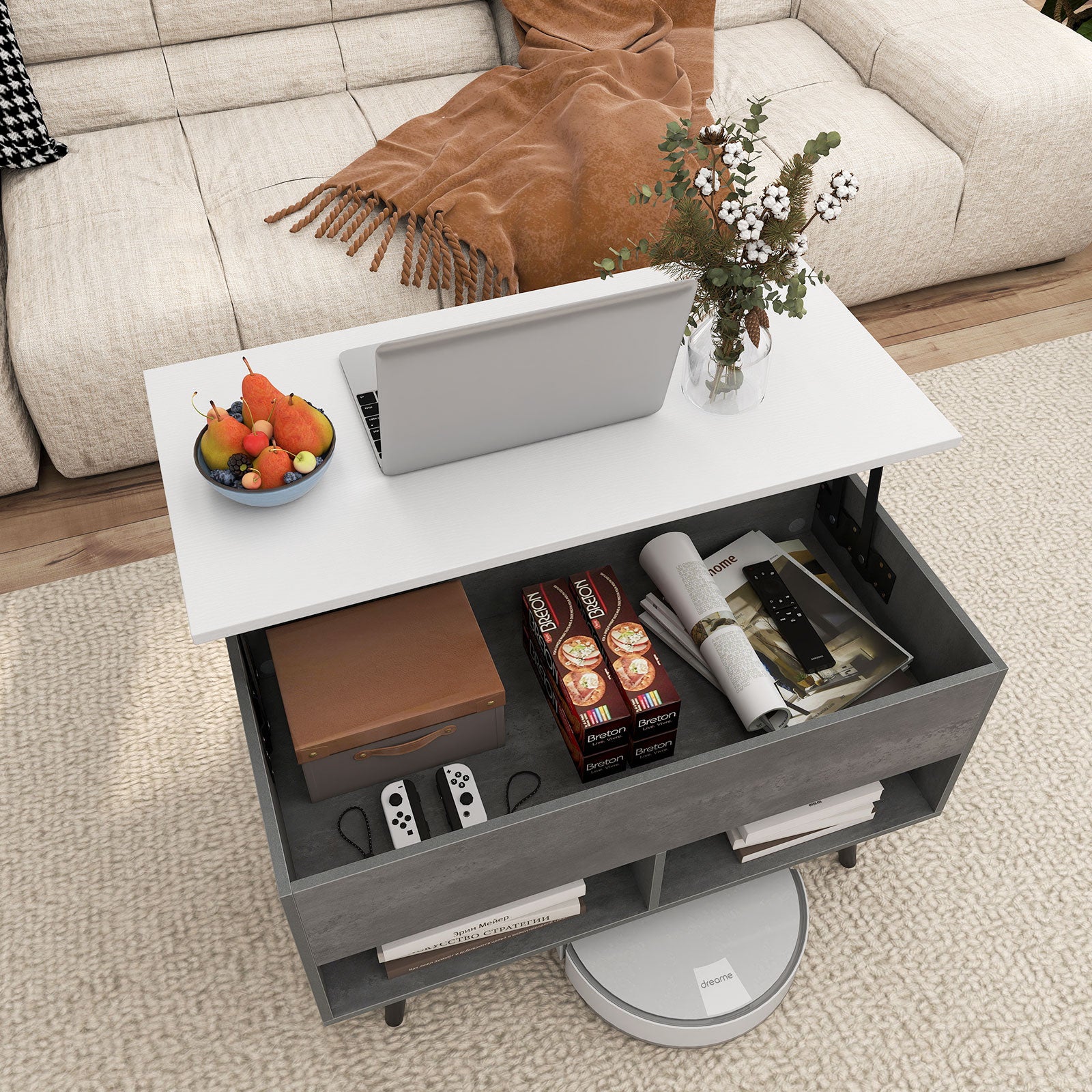 Lift Top Coffee Table with Hidden Compartment and Open Storage Shelves-Grey