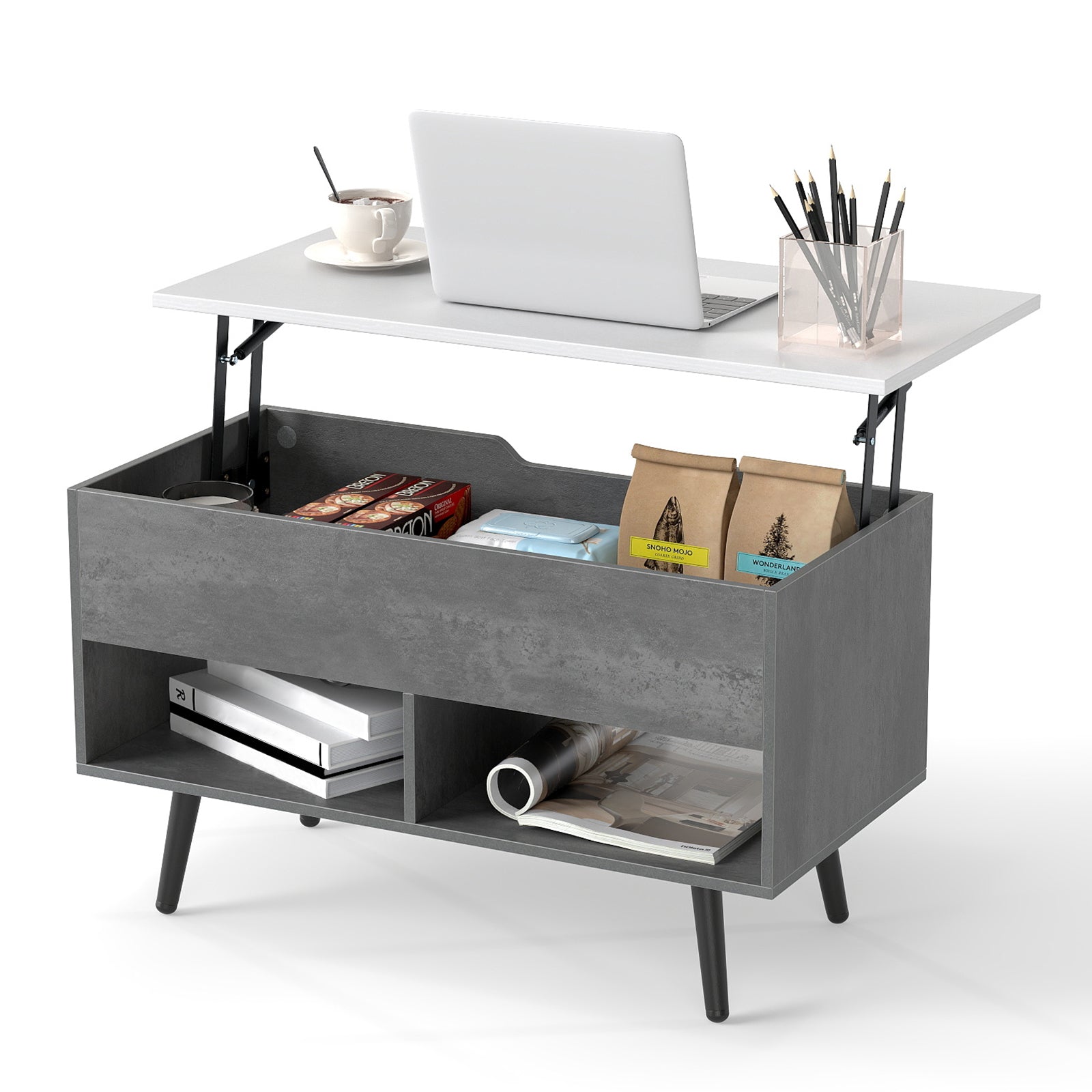 Lift Top Coffee Table with Hidden Compartment and Open Storage Shelves-Grey