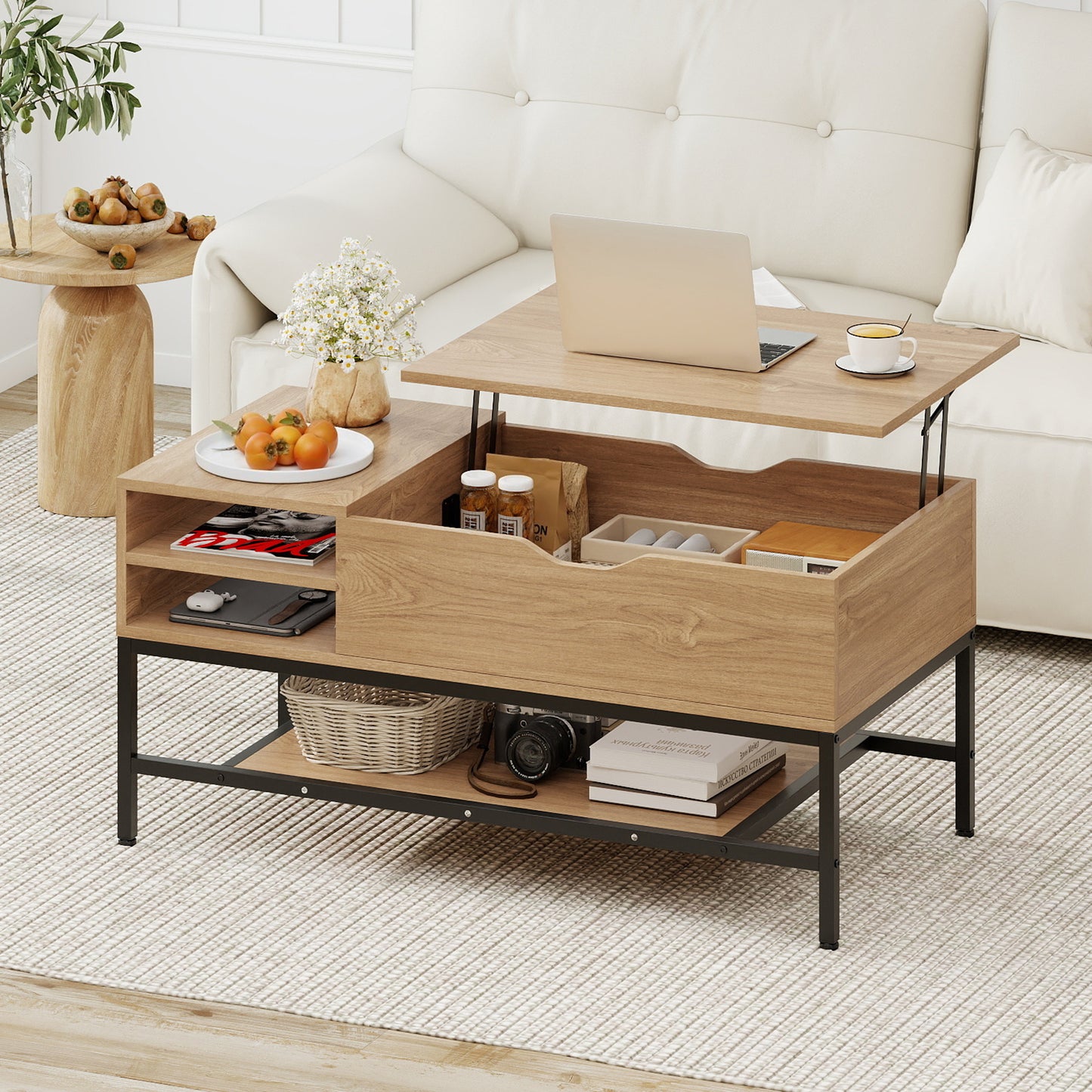 Lift Top Coffee Table with Hidden Compartment and Storage Shelf-Natural