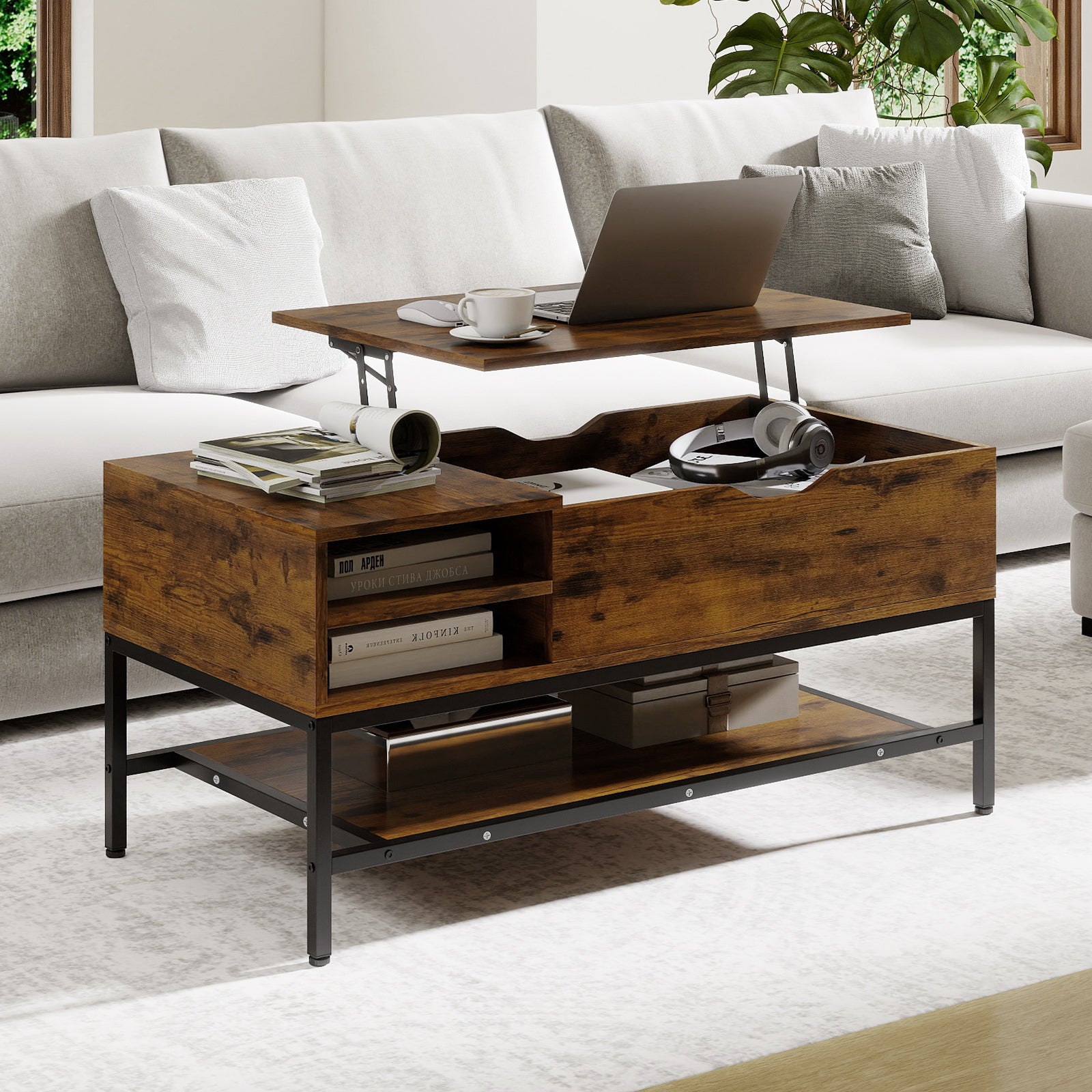 Lift Top Coffee Table with Hidden Compartment and Storage Shelf-Rustic Brown