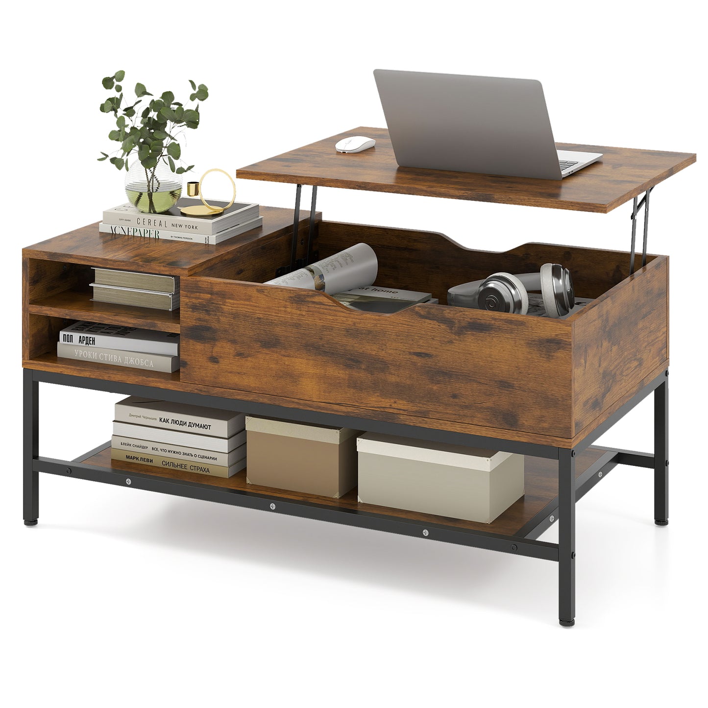 Lift Top Coffee Table with Hidden Compartment and Storage Shelf-Rustic Brown
