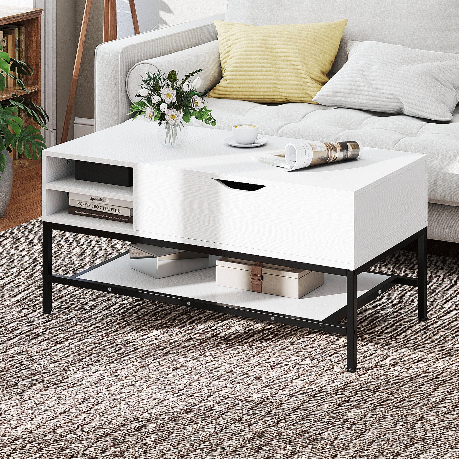 Lift Top Coffee Table with Hidden Compartment and Storage Shelf-White