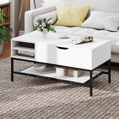 Lift Top Coffee Table with Hidden Compartment and Storage Shelf-White