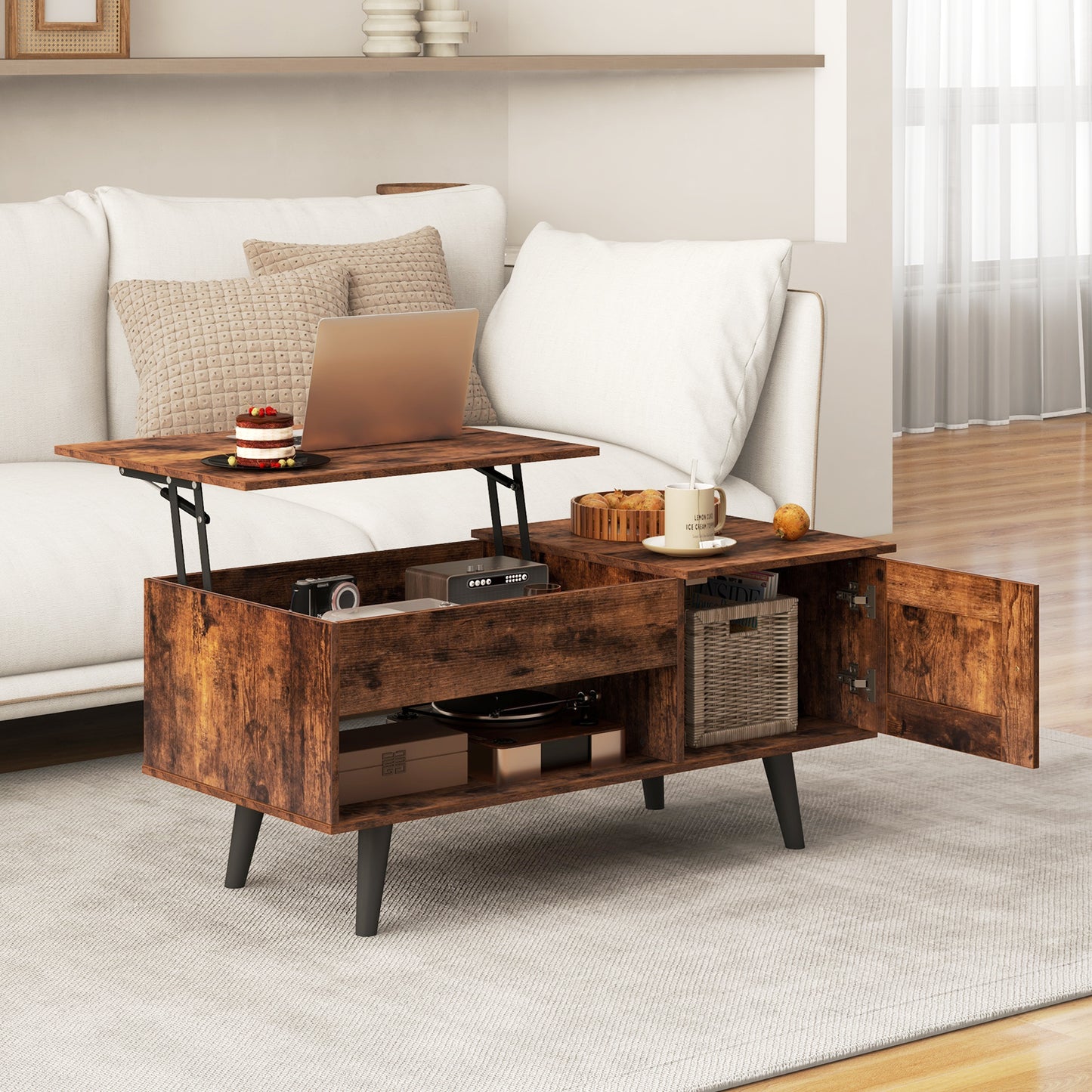 Lift Top Coffee Table with Storage Living Room Table with Hidden Compartment-Rustic Brown