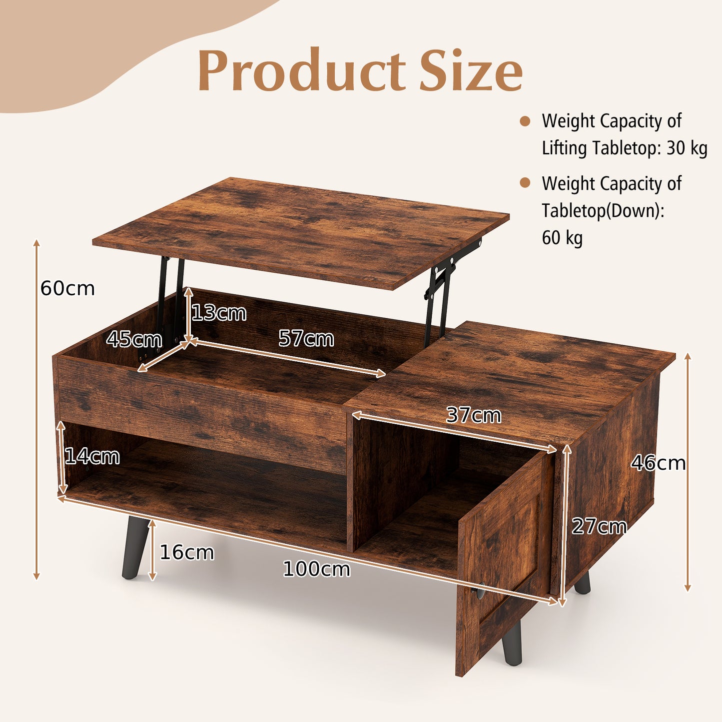Lift Top Coffee Table with Storage Living Room Table with Hidden Compartment-Rustic Brown