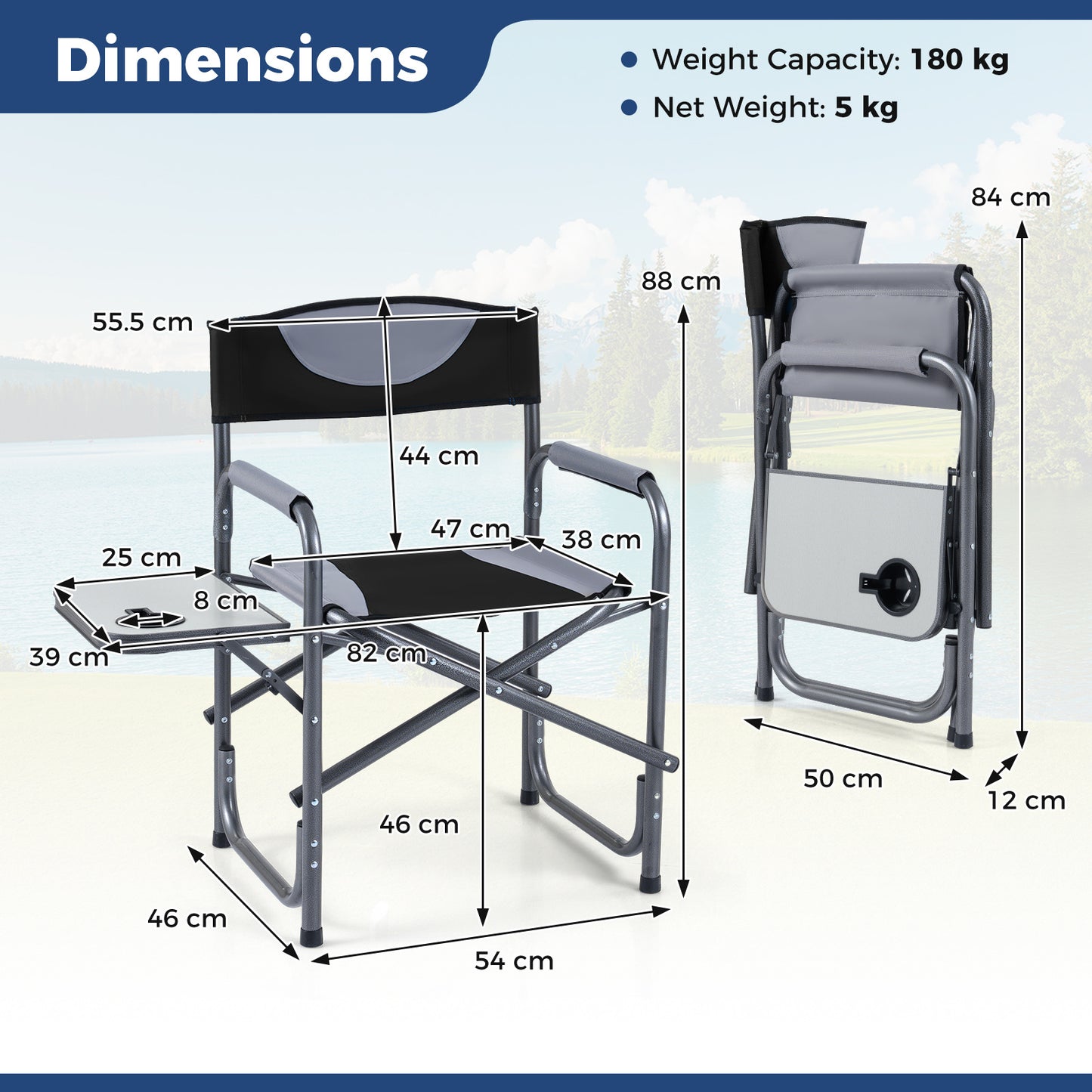 Lightweight Portable Directors Chair with Side Table and Cup Holder-Black
