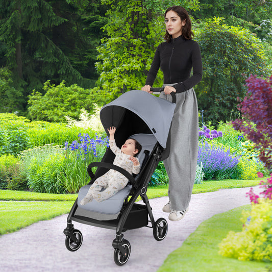 Lightweight Foldable Baby Stroller with Adjustable Backrest and Canopy-Light Grey