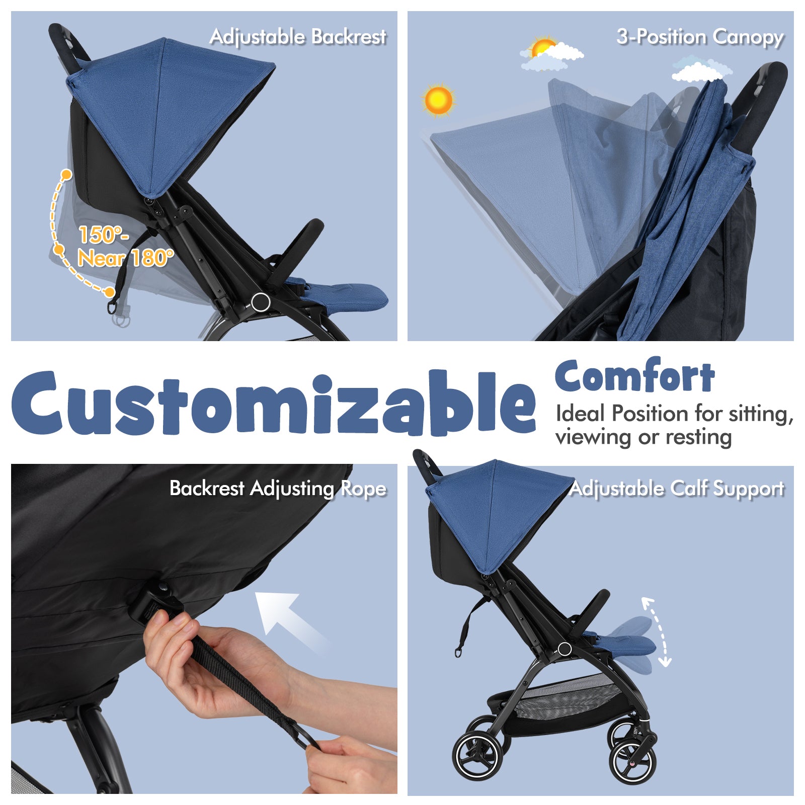 Lightweight Foldable Baby Stroller with Adjustable Backrest and Canopy-Navy