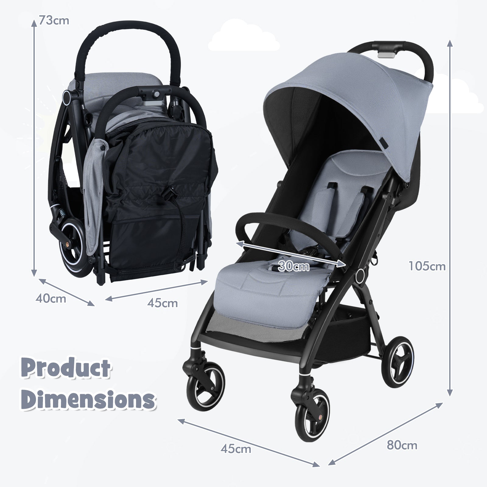 Lightweight Foldable Baby Stroller with Adjustable Backrest and Canopy-Light Grey