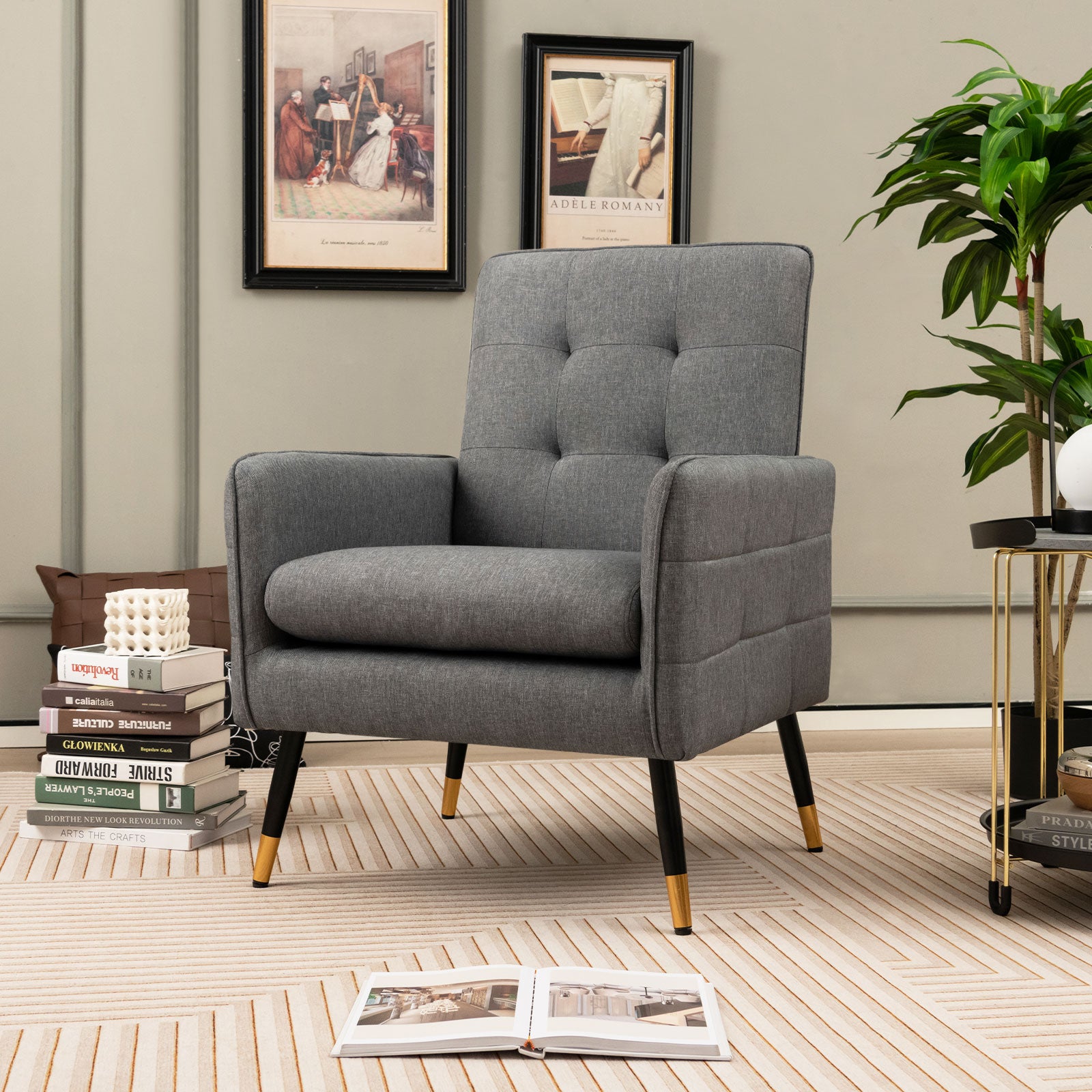 Linen Fabric Accent Chair Single Sofa with Removable Seat Cushion-Grey