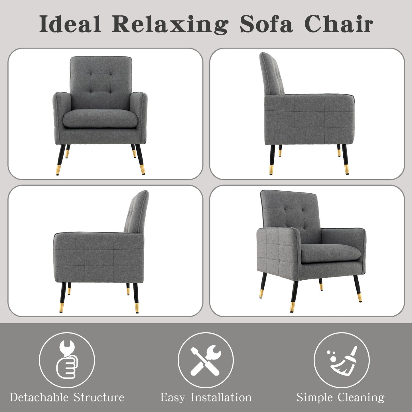 Linen Fabric Accent Chair Single Sofa with Removable Seat Cushion-Grey