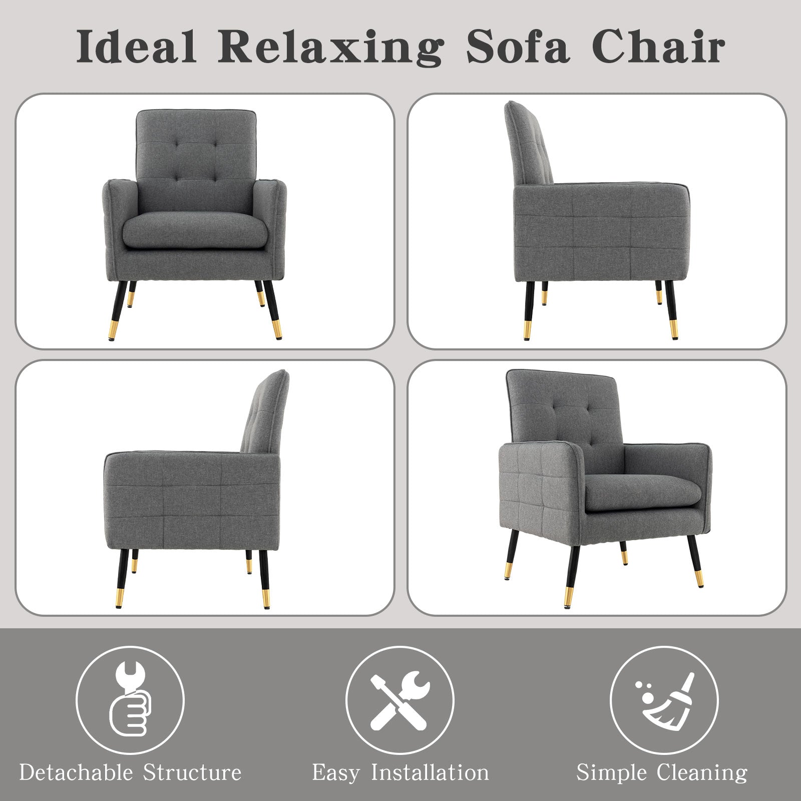 Linen Fabric Accent Chair Single Sofa with Removable Seat Cushion-Grey