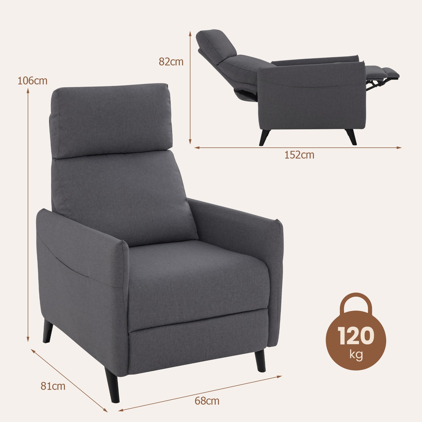 Linen Fabric Push Back Recliner Armchair with Adjustable Backrest and Footrest-Dark Grey