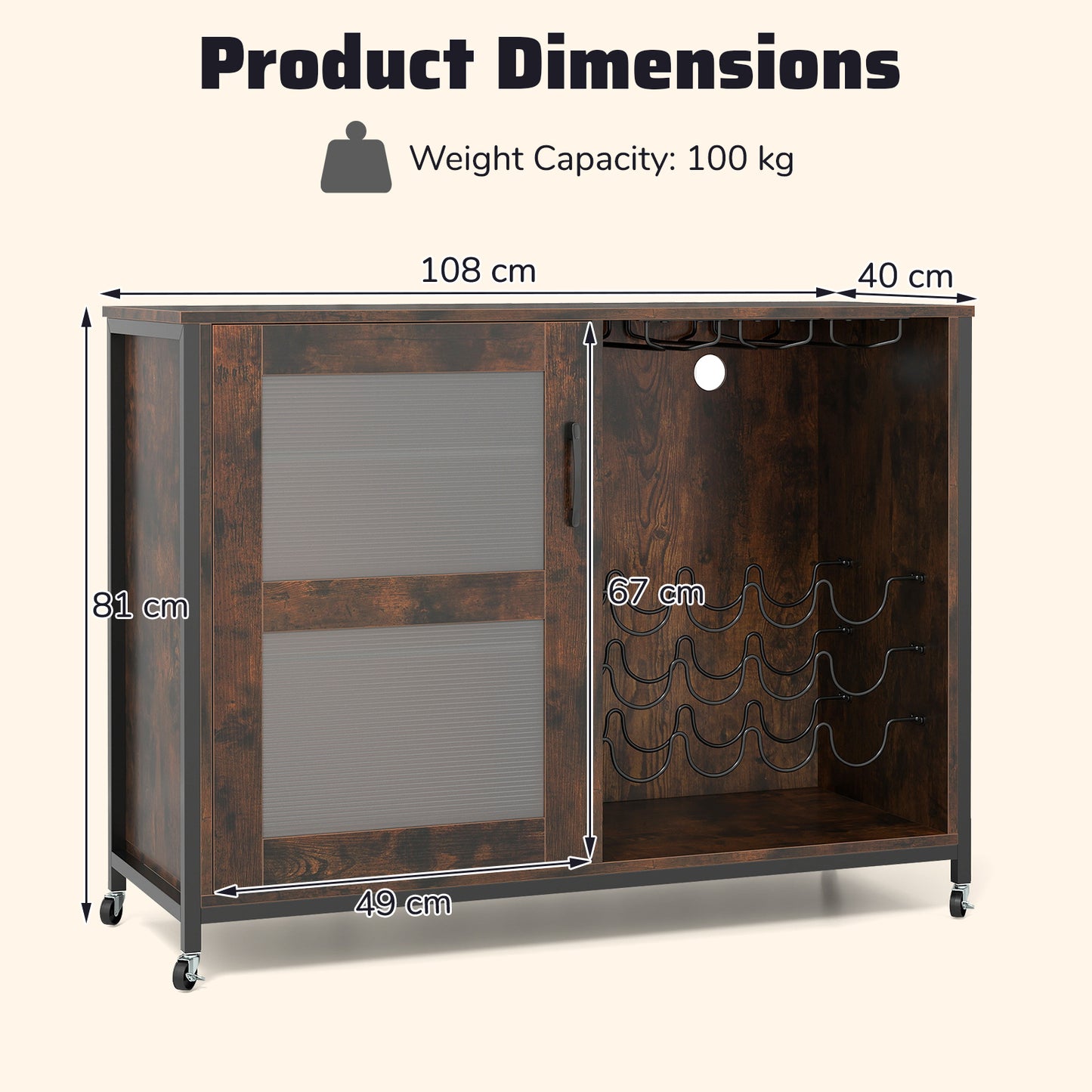 Liquor Buffet Sideboard with LED Lights and Glass Holders-Rustic Brown