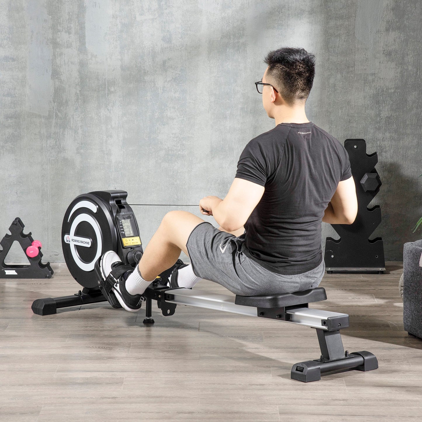 HOMCOM Folding Rowing Machine, Magnetic Rower Machine with 8 Levels Quiet Resistance, LCD Monitor, Wheels, Aluminium Slide Rail and Vertical Storage, for Home Gym Cardio Training