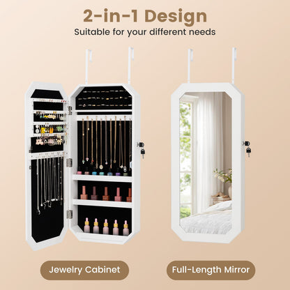Lockable Full-Length Mirror Jewelry Cabinet with Storage Shelves for Bedroom-White