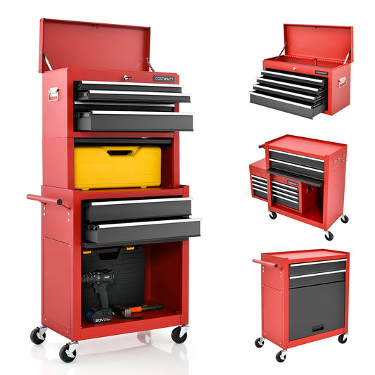 Lockable Tool Storage Cabinet with Handle, Drawers, Wheels and EVA Liner-Red &amp; Black