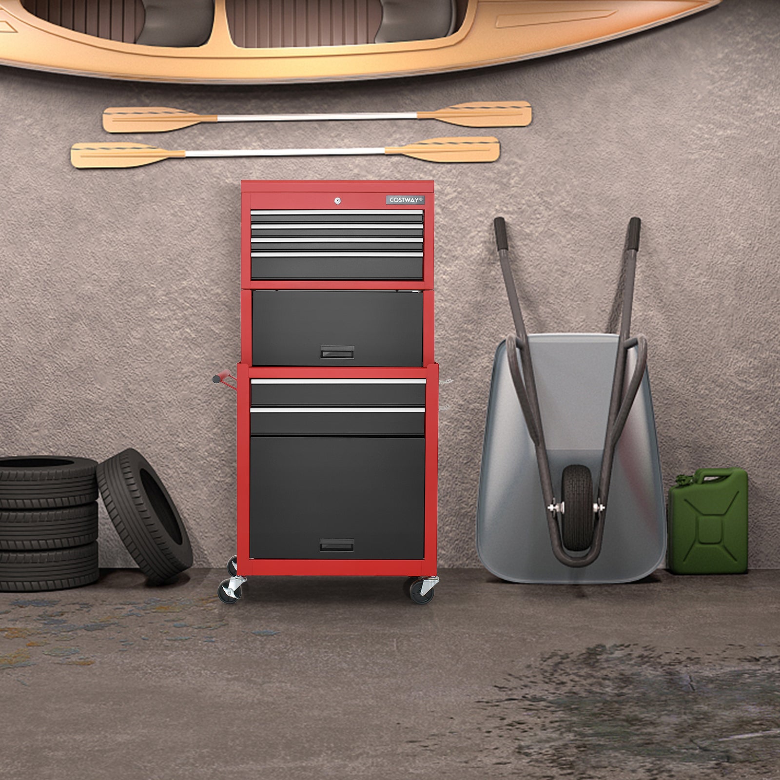 Lockable Tool Storage Cabinet with Handle, Drawers, Wheels and EVA Liner-Red &amp; Black