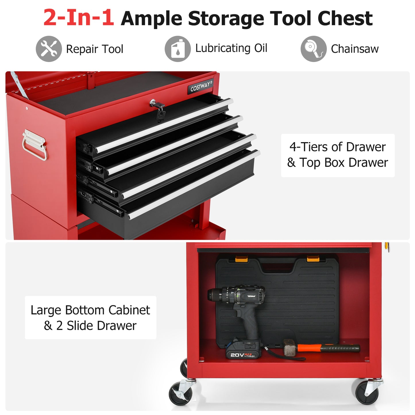 Lockable Tool Storage Cabinet with Handle, Drawers, Wheels and EVA Liner-Red &amp; Black