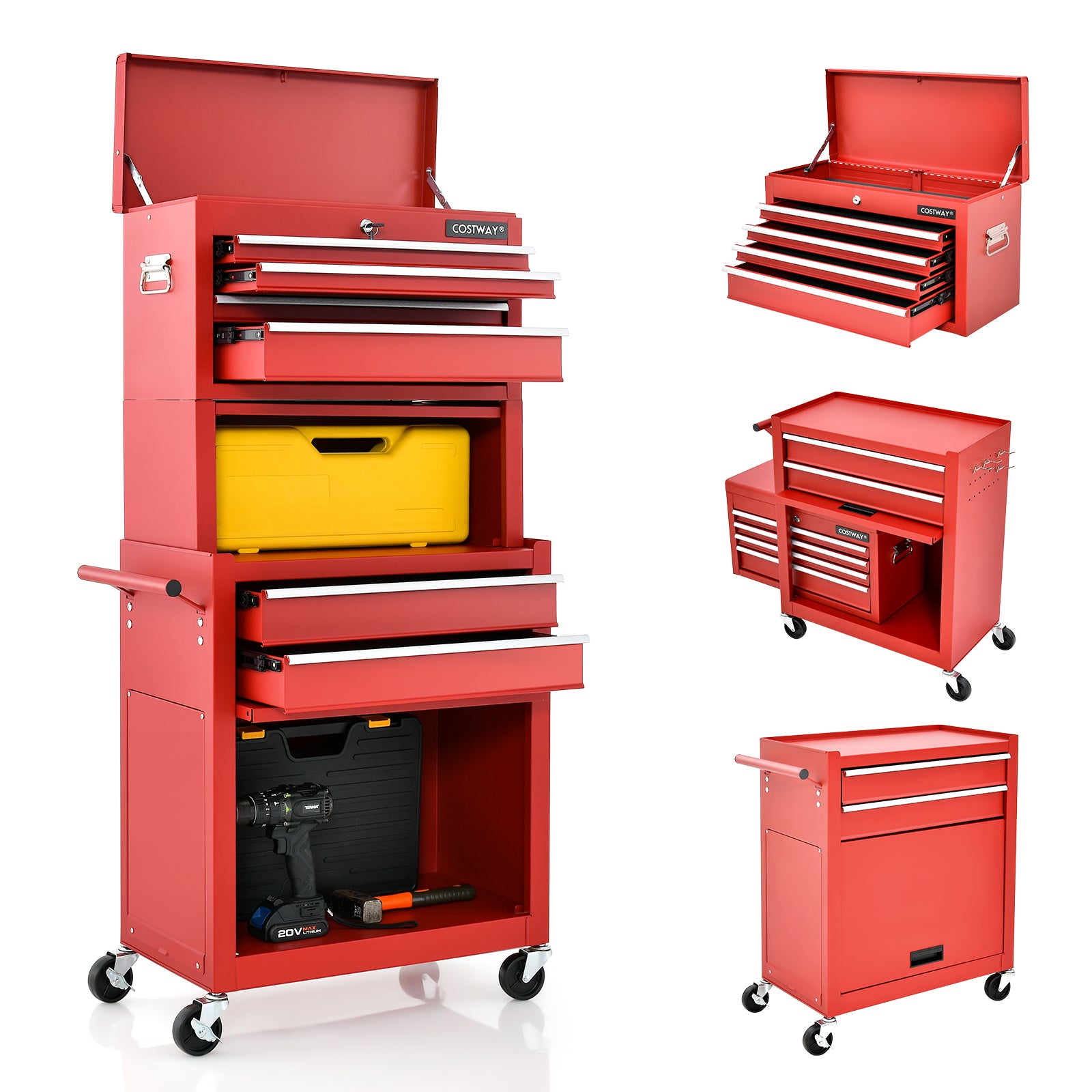 Lockable Tool Storage Cabinet with Handle, Drawers, Wheels and EVA Liner-Red