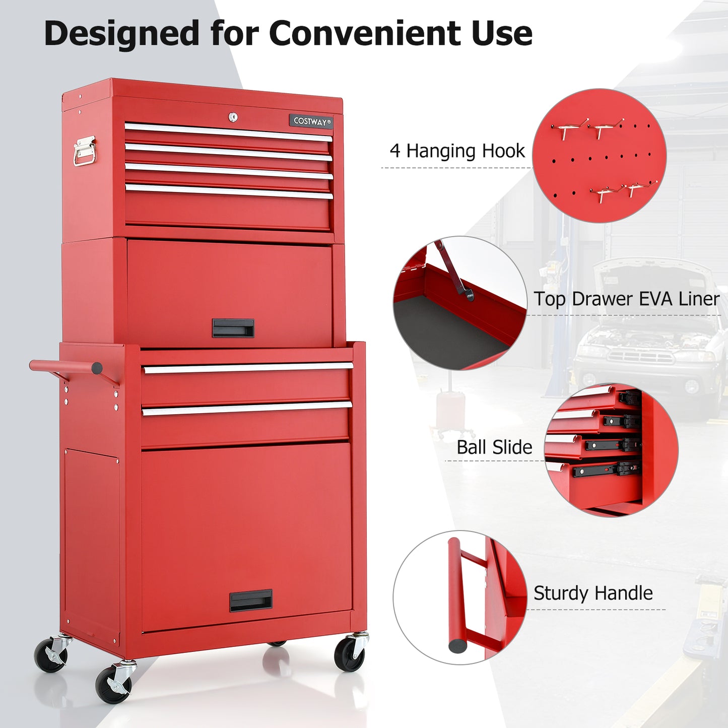 Lockable Tool Storage Cabinet with Handle, Drawers, Wheels and EVA Liner-Red
