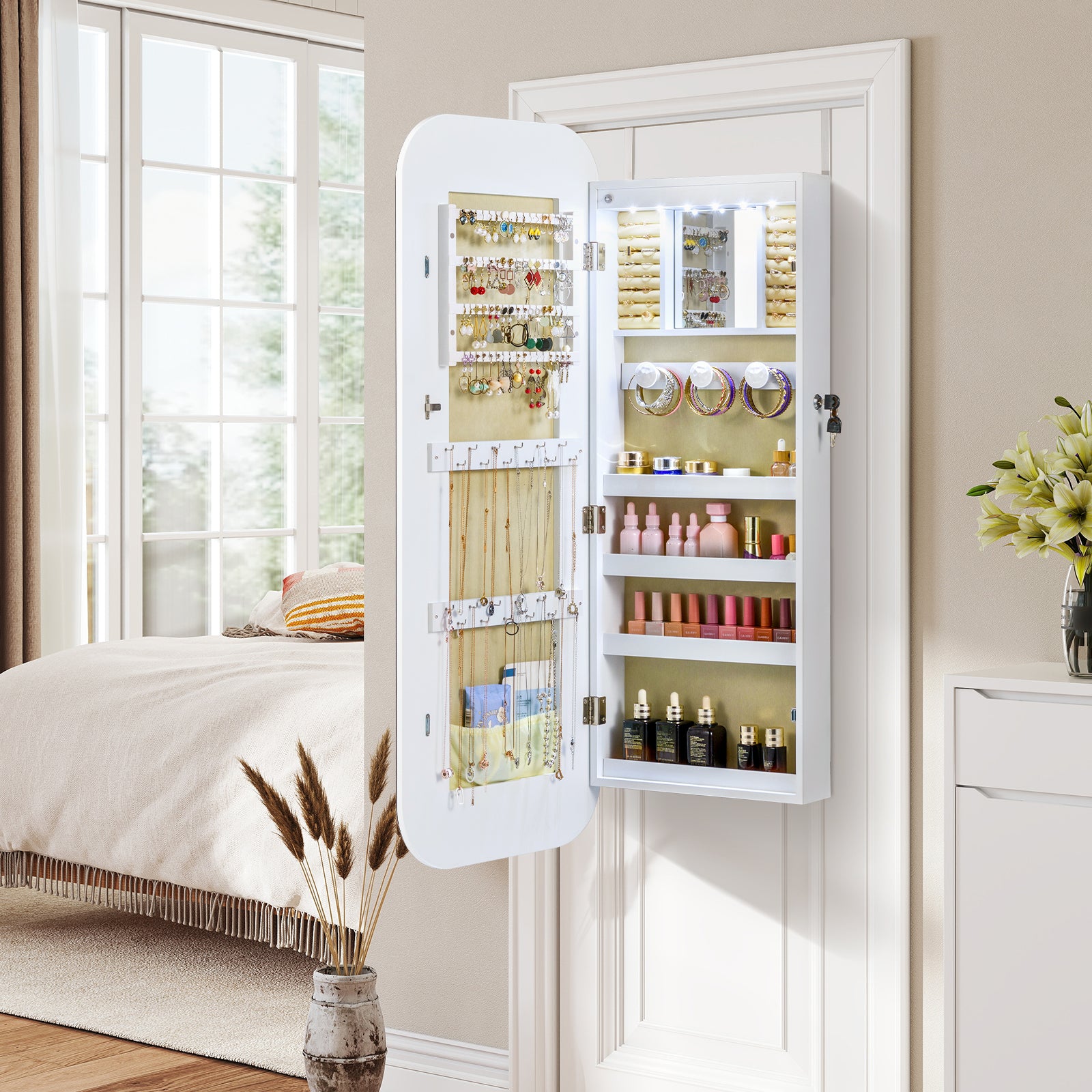 Lockable Jewelry Cabinet with Full-Length Mirror and Storage Shelves-White