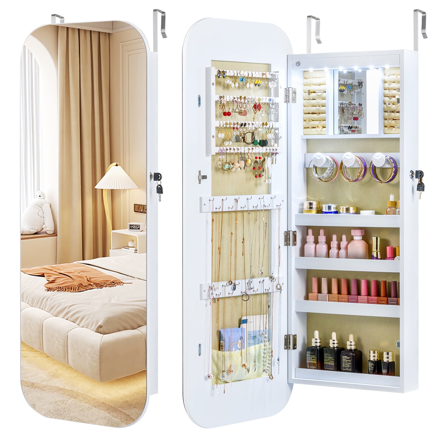 Lockable Jewelry Cabinet with Full-Length Mirror and Storage Shelves-White