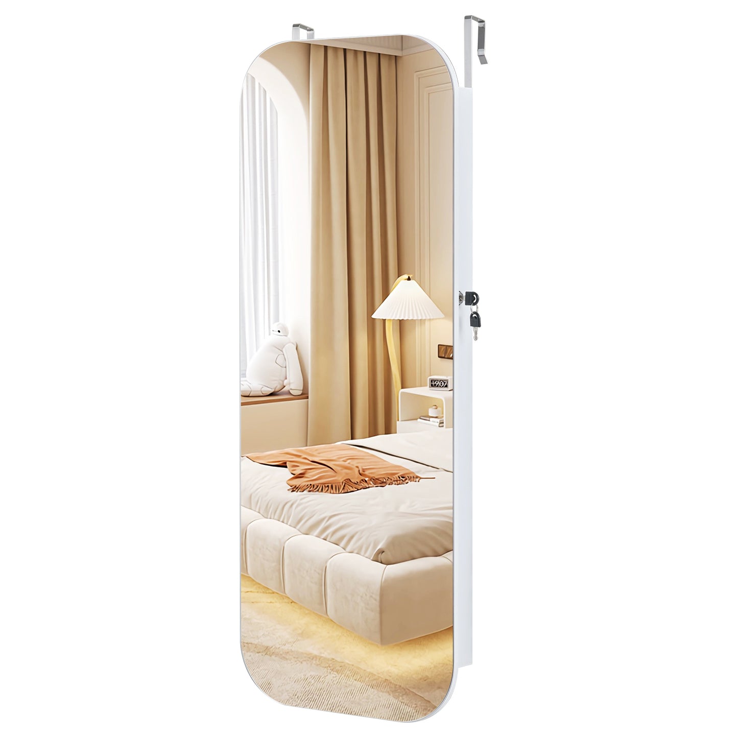 Lockable Jewelry Cabinet with Full-Length Mirror and Storage Shelves-White
