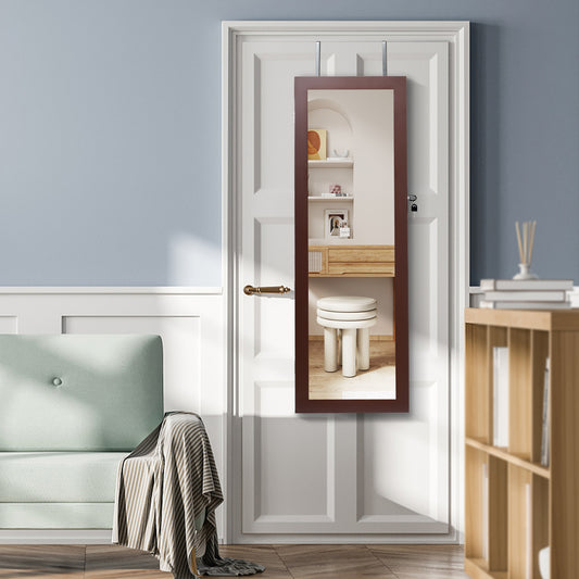 Lockable Jewelry Cabinet with Full Length Mirror and LED Lights-Brown