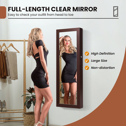 Lockable Jewelry Cabinet with Full Length Mirror and LED Lights-Brown
