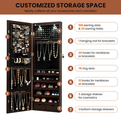 Lockable Jewelry Cabinet with Full Length Mirror and LED Lights-Brown
