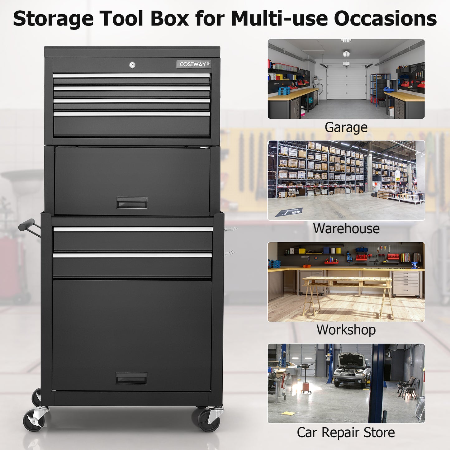 Lockable Tool Storage Cabinet with Handle, Drawers, Wheels and EVA Liner-Black