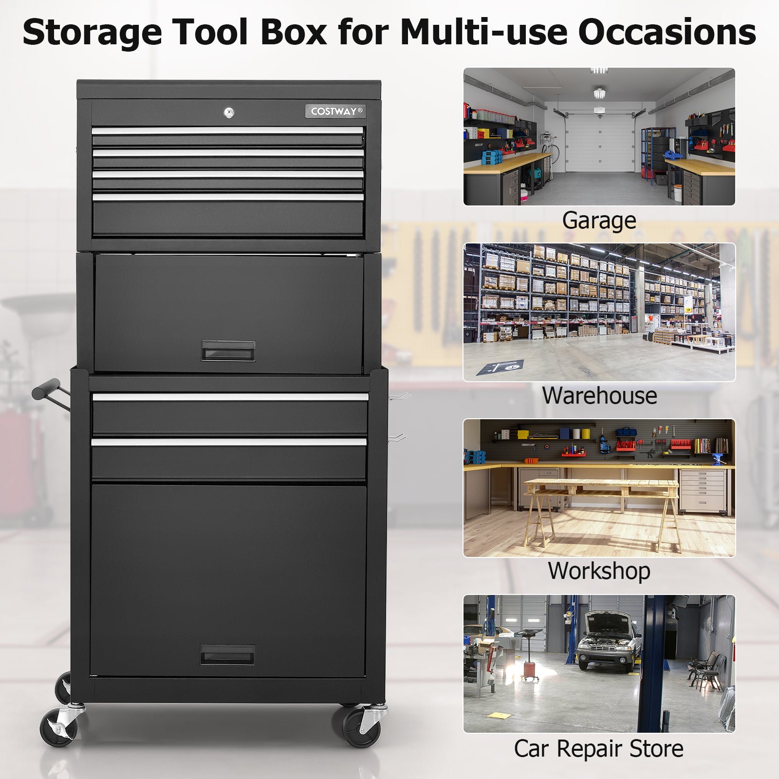 Lockable Tool Storage Cabinet with Handle, Drawers, Wheels and EVA Liner-Black
