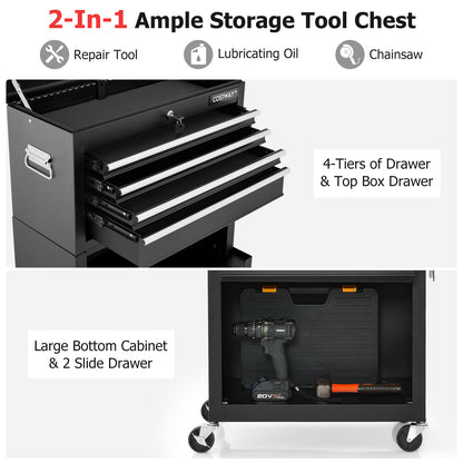 Lockable Tool Storage Cabinet with Handle, Drawers, Wheels and EVA Liner-Black