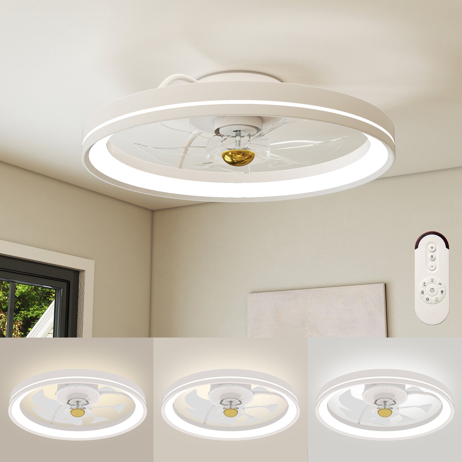 Low Profile Flush Mount Fan with Light for Bedroom-White