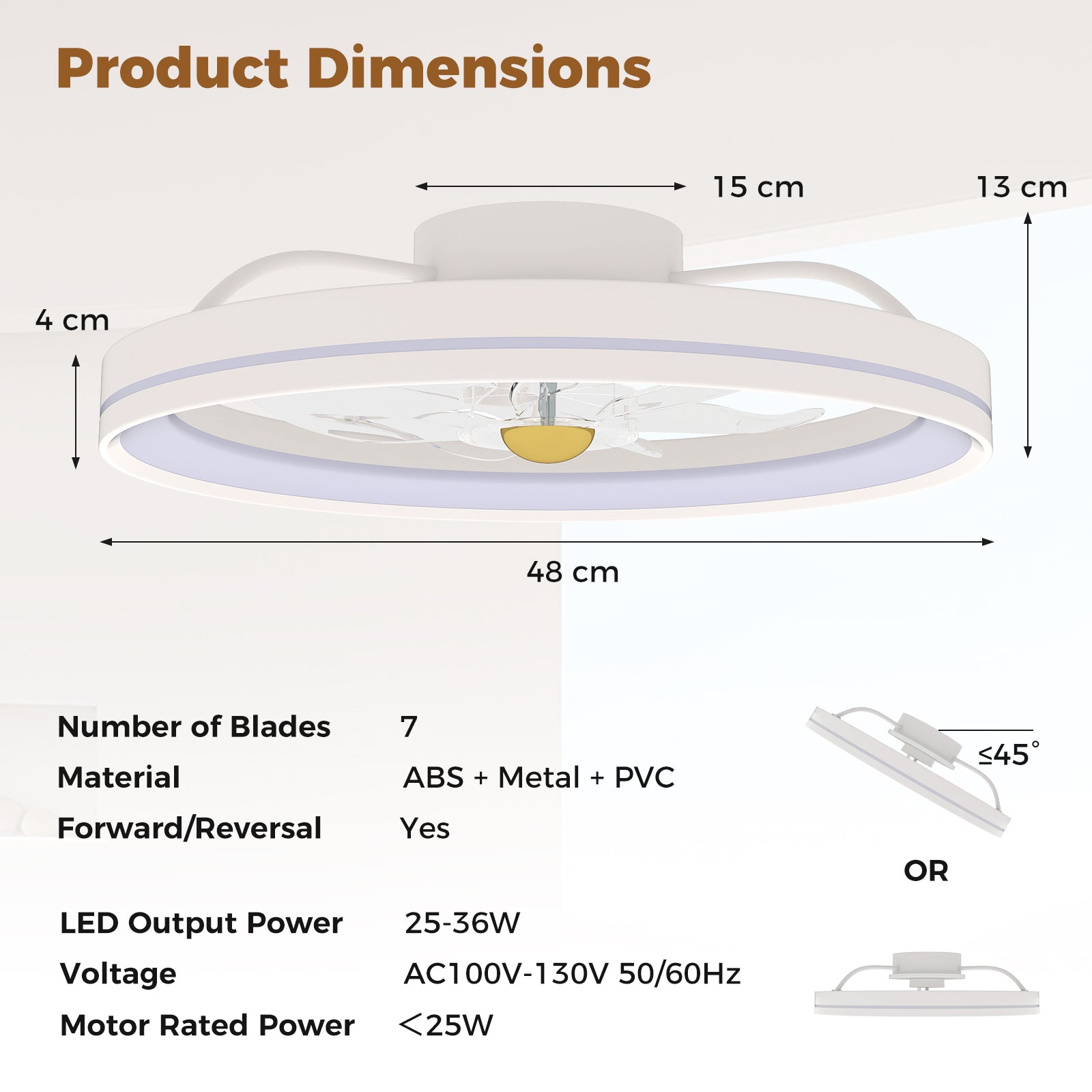 Low Profile Flush Mount Fan with Light for Bedroom-White