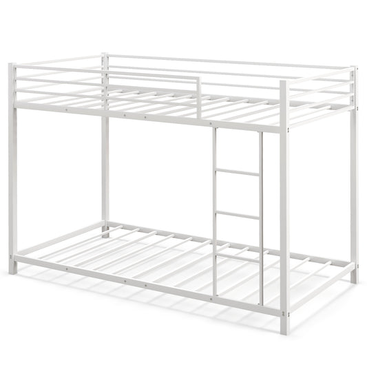 Low Profile Single Over Single Bunk Beds with Ladder and Full-length Guardrails-White