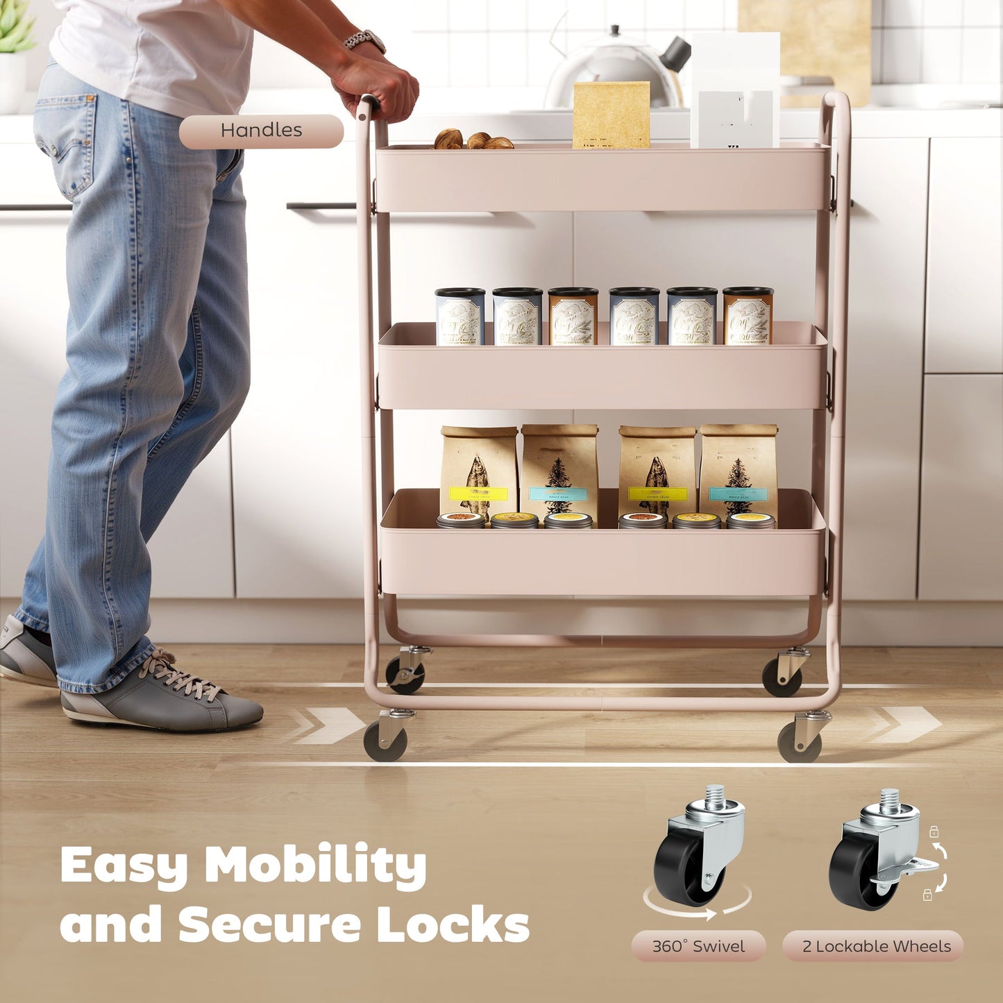 HOMCOM 3-Tier Storage Trolley on Wheels, Rolling Utility Cart with Mesh Backets for Kitchen, Bathroom, Bedroom, Light Pink