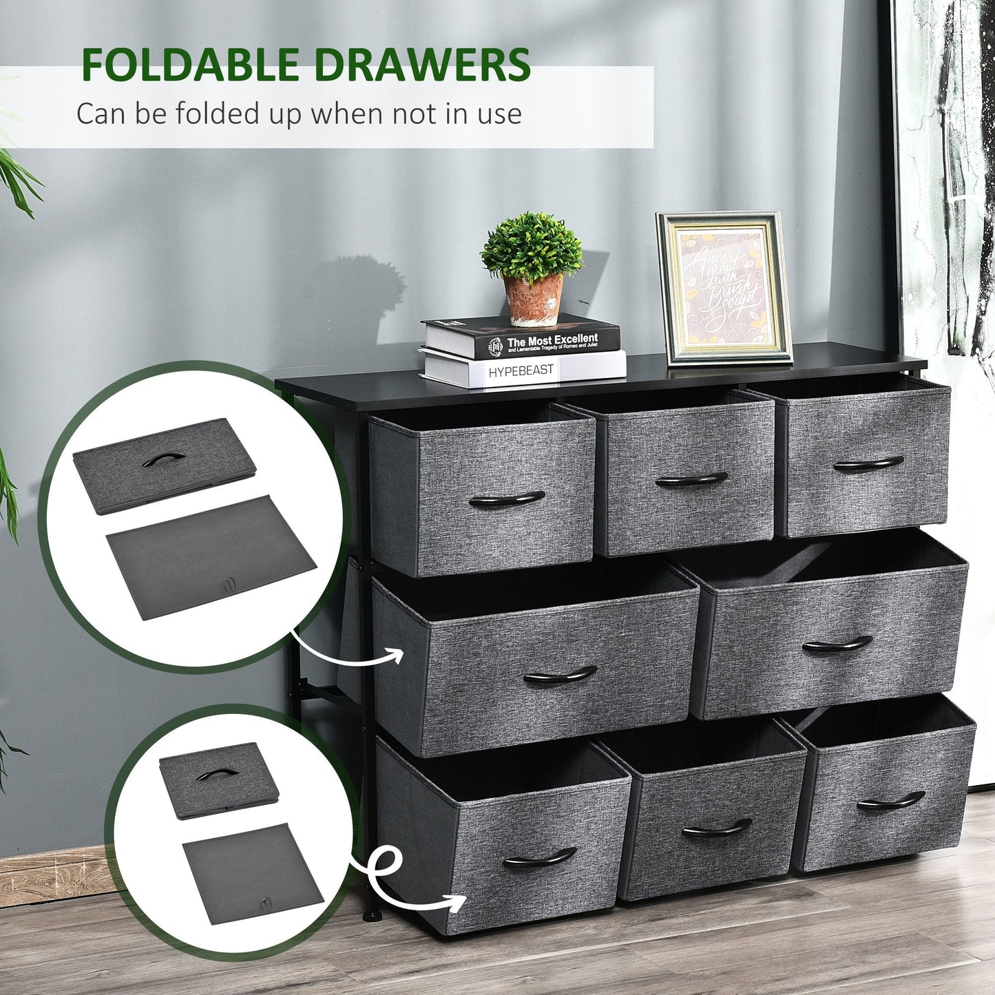 HOMCOM Chest of Drawers with 8 Foldable Drawers, 3-Tier Fabric Bedroom Dresser, Clothes Storage Unit for Bedroom Living Room, Dark Grey