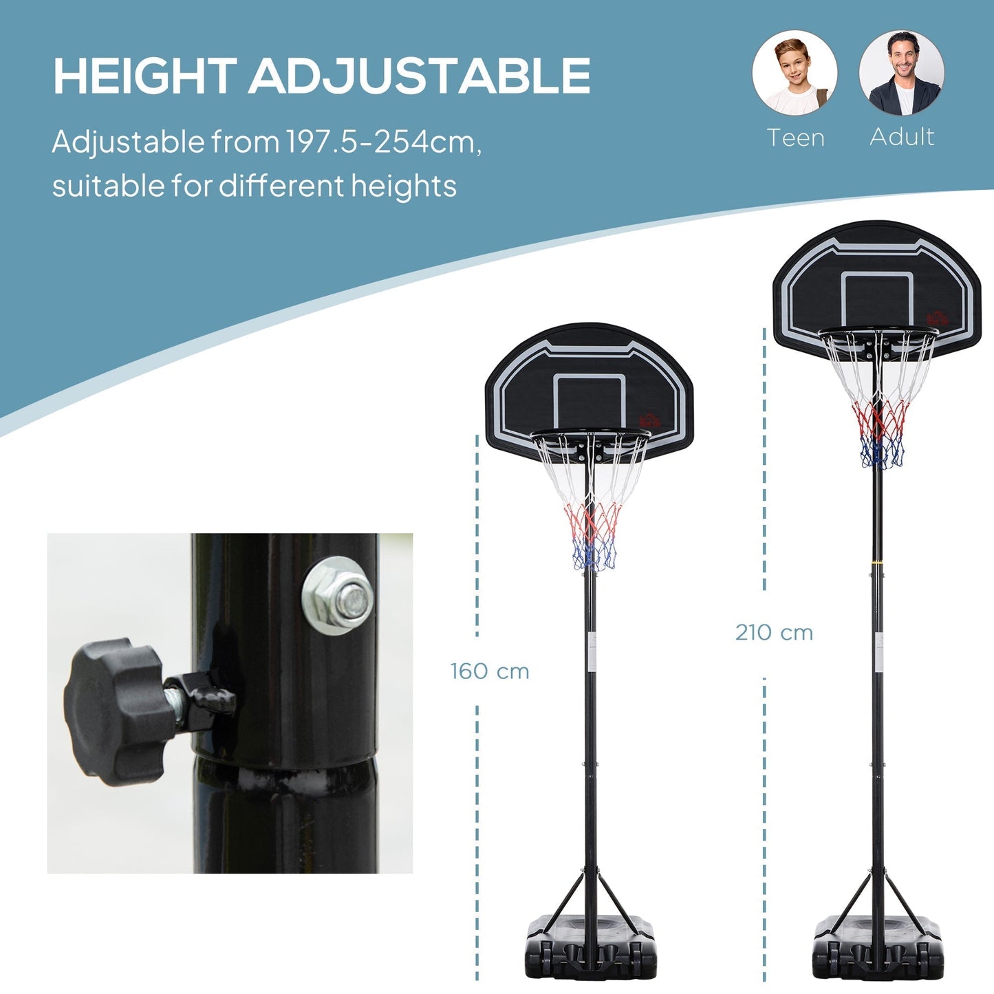 HOMCOM Adjustable Basketball Hoop and Stand, with Wheels and Weight Base Black