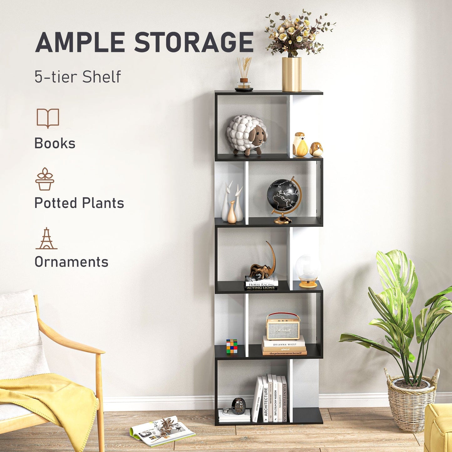 HOMCOM Bookcase, S-Shaped Wooden Bookshelf, 5/6 Tiers Freestanding Storage Shelf, Home Office Decorative Display Stand Rack, Black and White, 24D x 60W x 184.5H