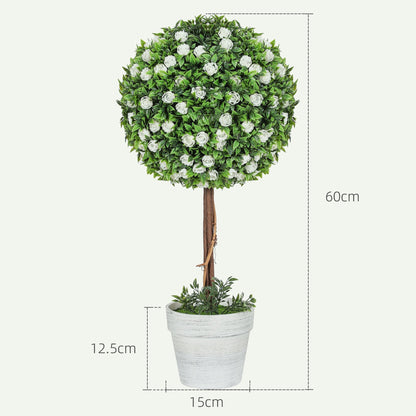 HOMCOM Set of 2 Decorative Artificial Plants, Ball Topiary Tree with Rose Flower in Pot, Fake Plants for Home Indoor Outdoor Decor, 60cm, White